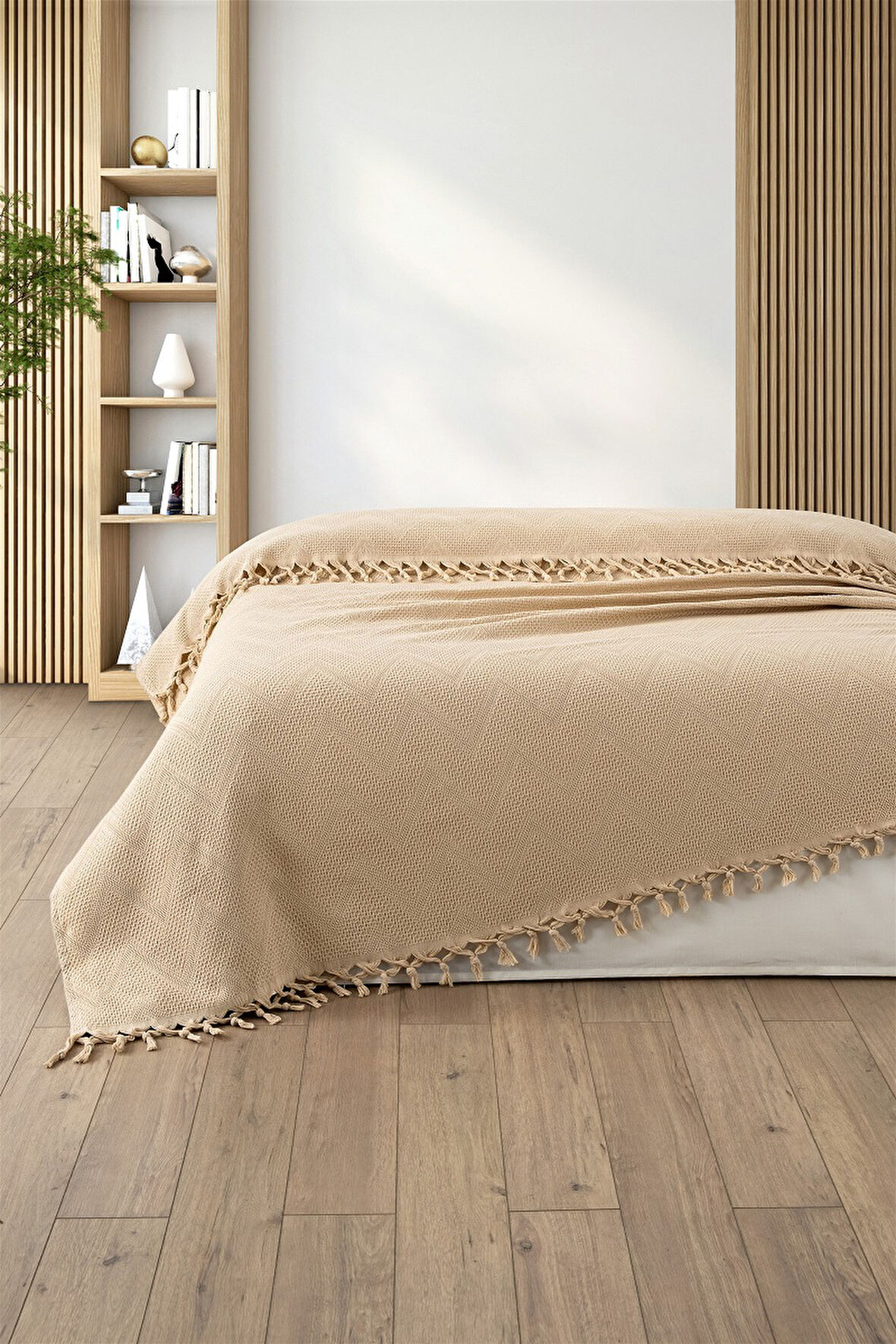 %100 Pamuk Çift Kişilik Bağlama Saçaklı Pike-220x240 cm-Kapuçino