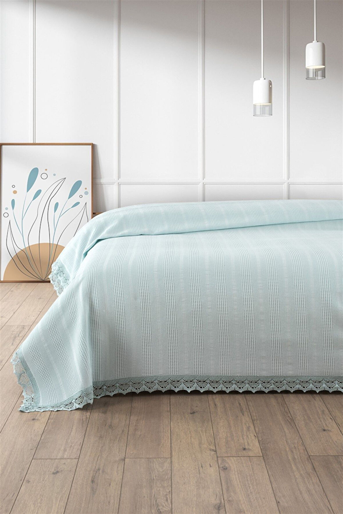 Sevim Dantelli Tek Kişilik Waffle Pike- %100 Pamuk Petekli Pike-160x230 cm-Mint