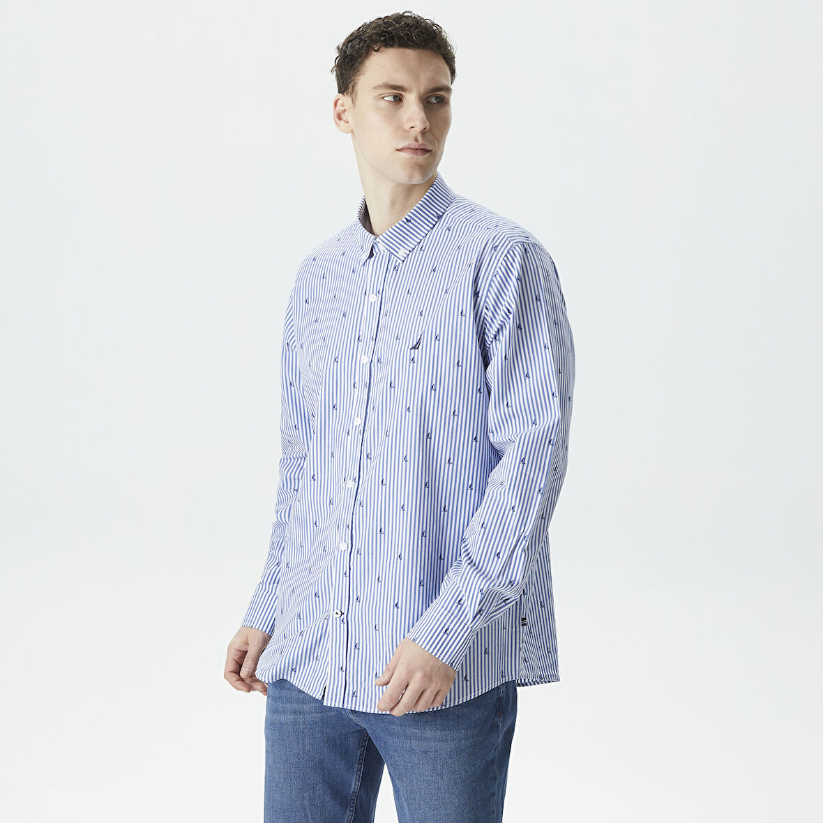 Nautica Erkek Mavi Classic Fit Uzun Kollu Desenli Gömlek