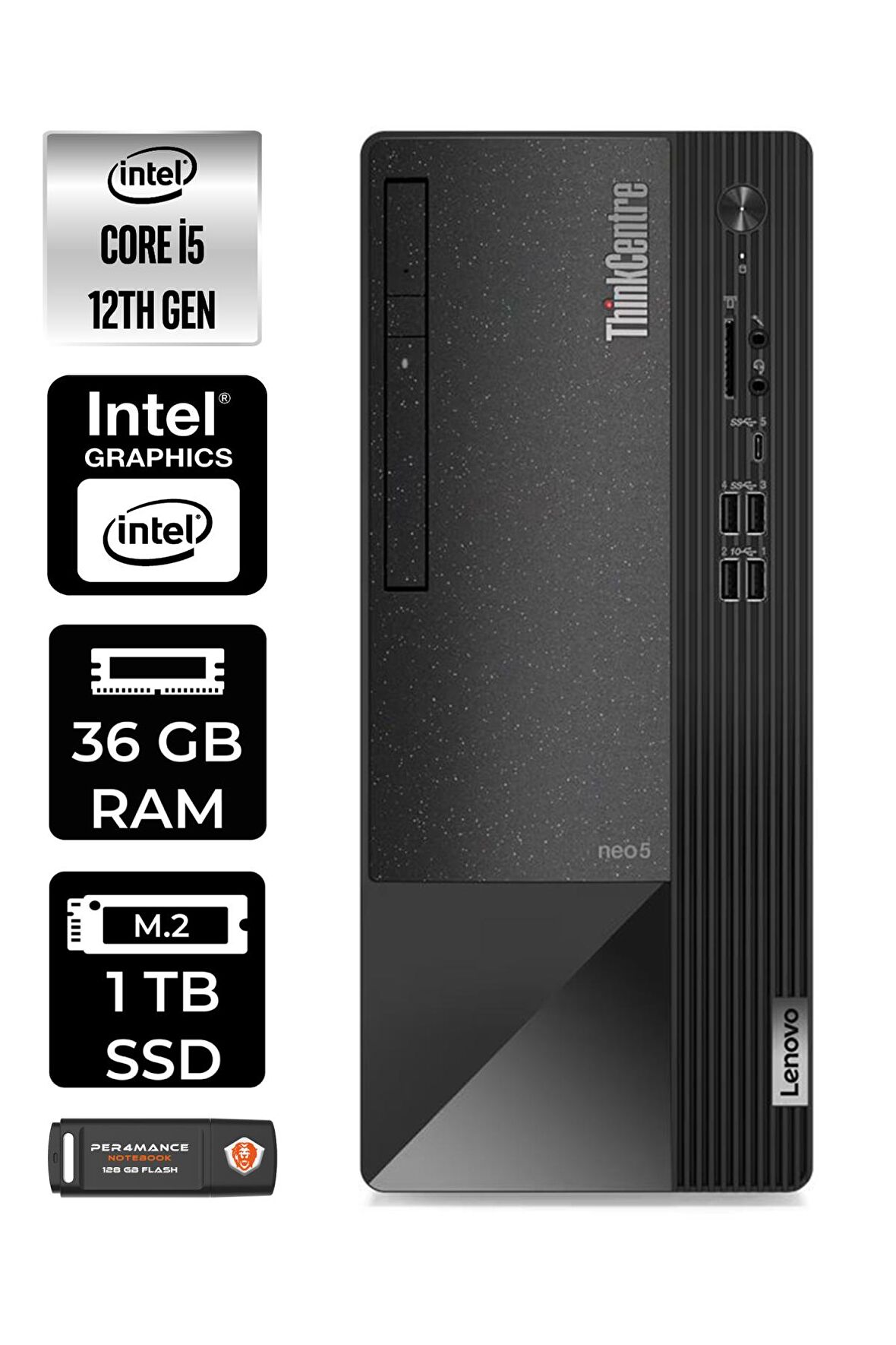 LENOVO ThinkCentre Neo 50T i5 12400 36GB RAM 1TB SSD W11PRO 11SE00BJTX MASAÜSTÜ PC & PER4 BELLEK