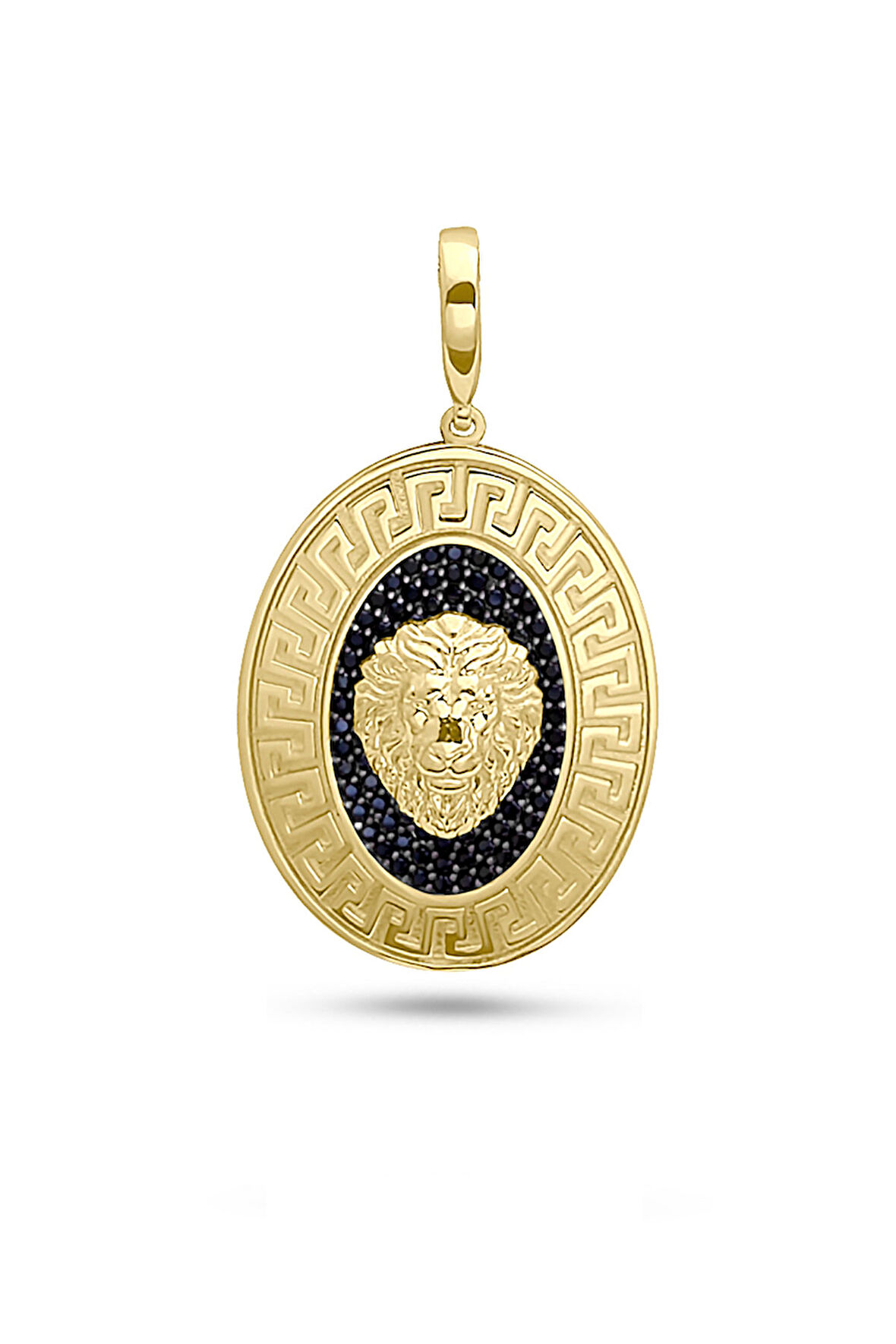 Aslan Detaylı Siyah Taşlı Oval Altın Kolye Ucu