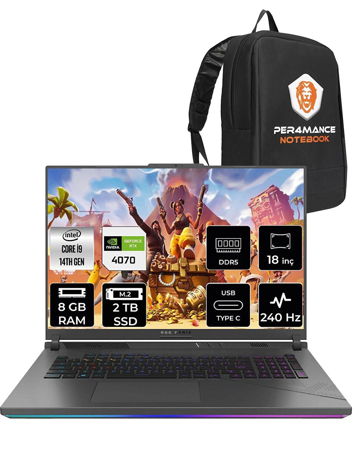 ASUS ROG Strix G18 i9-14900HX 8GB 2TB SSD RTX4070/8GB 240Hz 18" WQXGA FDOS N6062 & PER4 ÇANTA