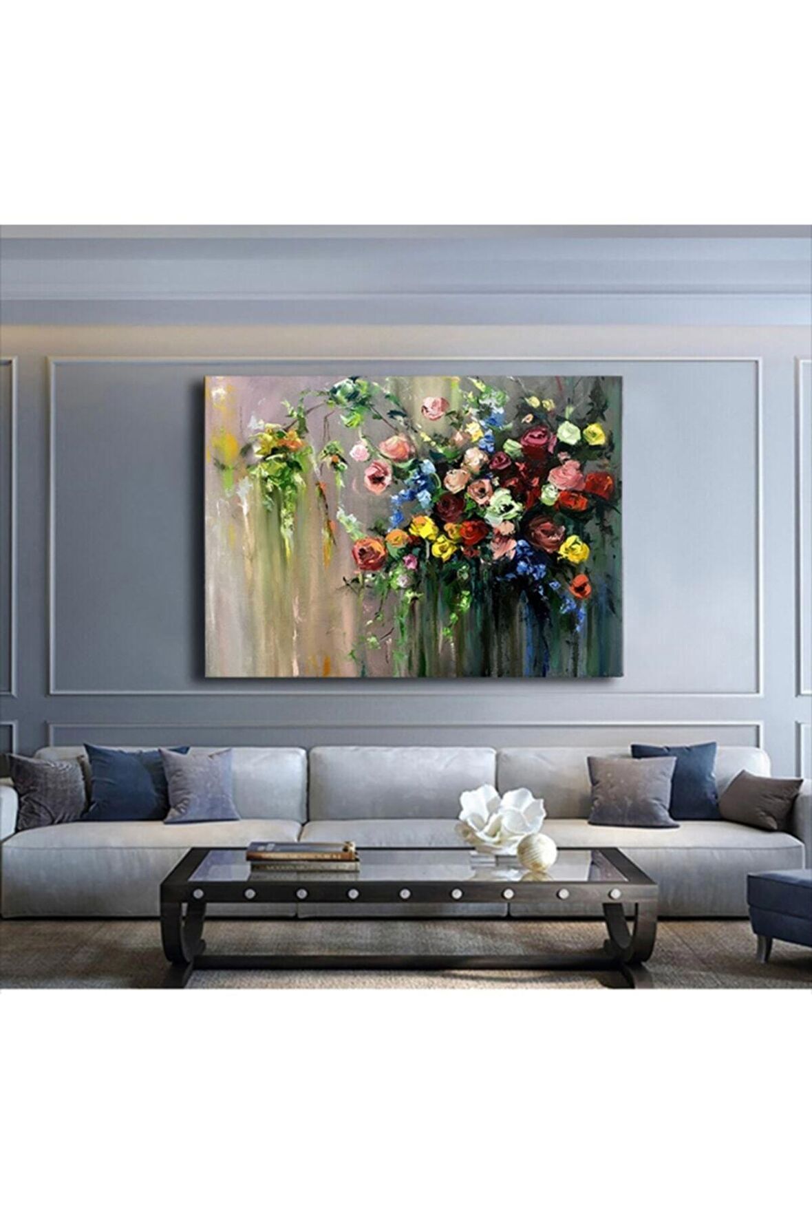 Yağlı Boya Görünümlü Modern Çiçekler Kanvas Gülen Tablo