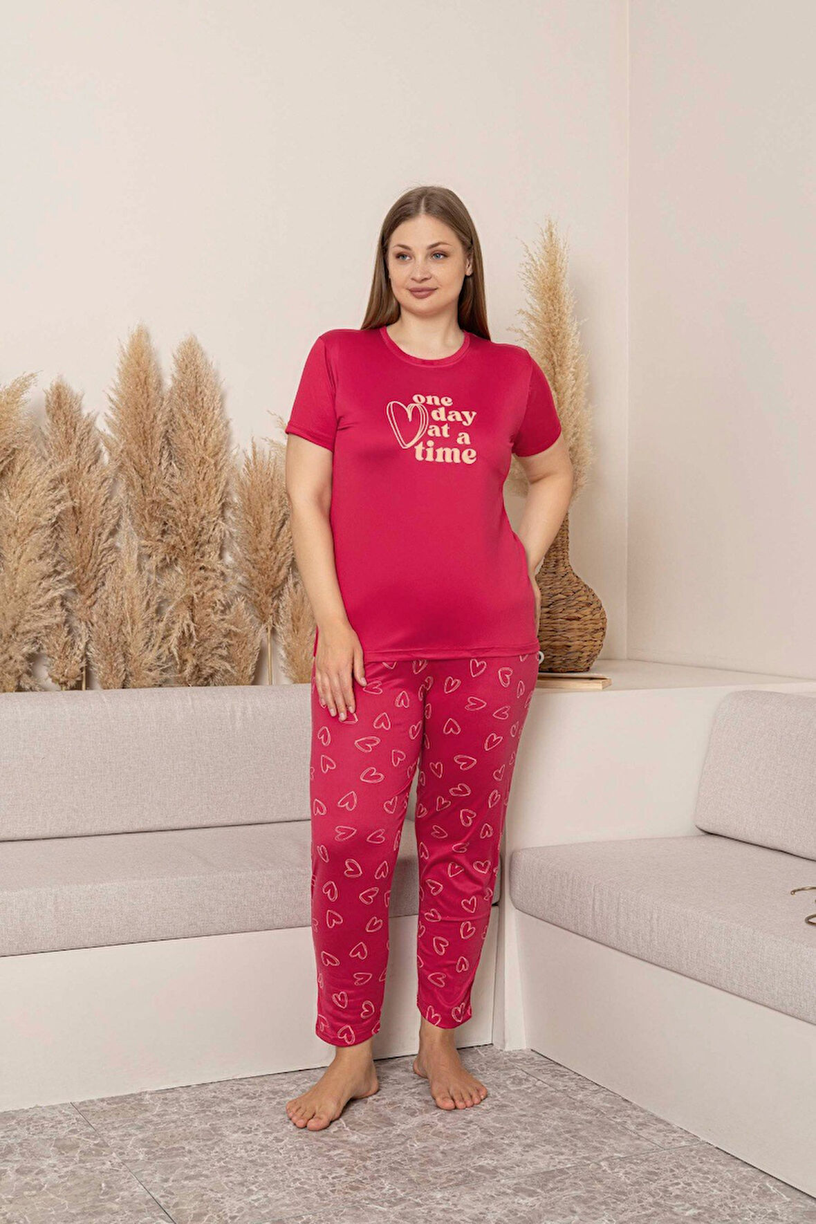 Kadın Bisiklet Yaka Düğmesiz Battal Kesim Viskon Yazlık Kısa Kol Büyük Beden Pijama Takımı