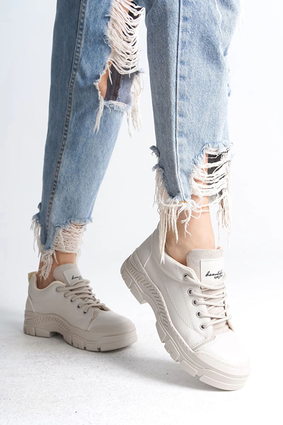 JANE Bağcıklı Ortopedik Taban Kadın Sneaker Spor Ayakkabı  KT - Krem