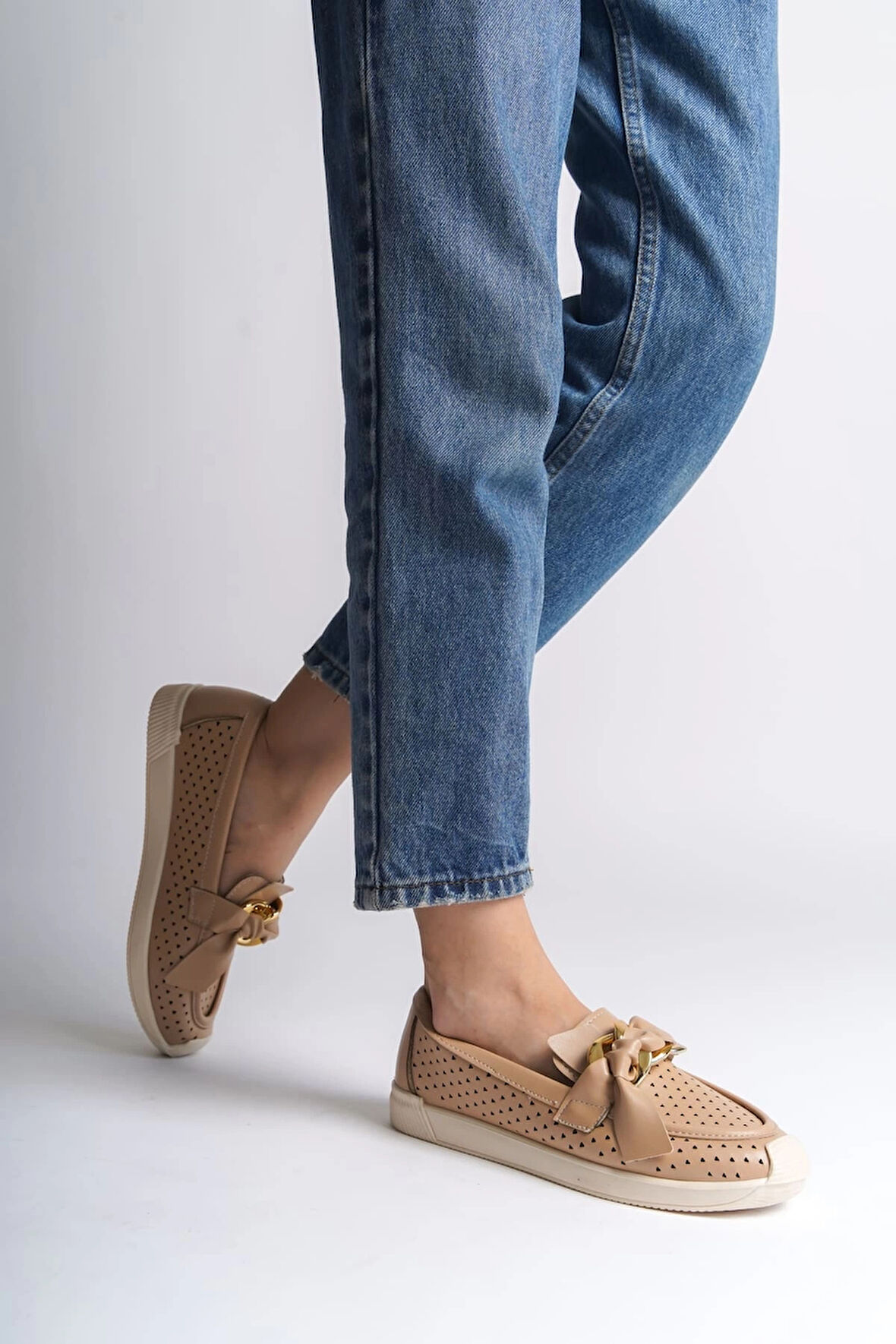 LYDIA Bağcıksız Ortopedik Rahat Taban Kalp Desenli Kadın Babet Ayakkabı KT - Ten