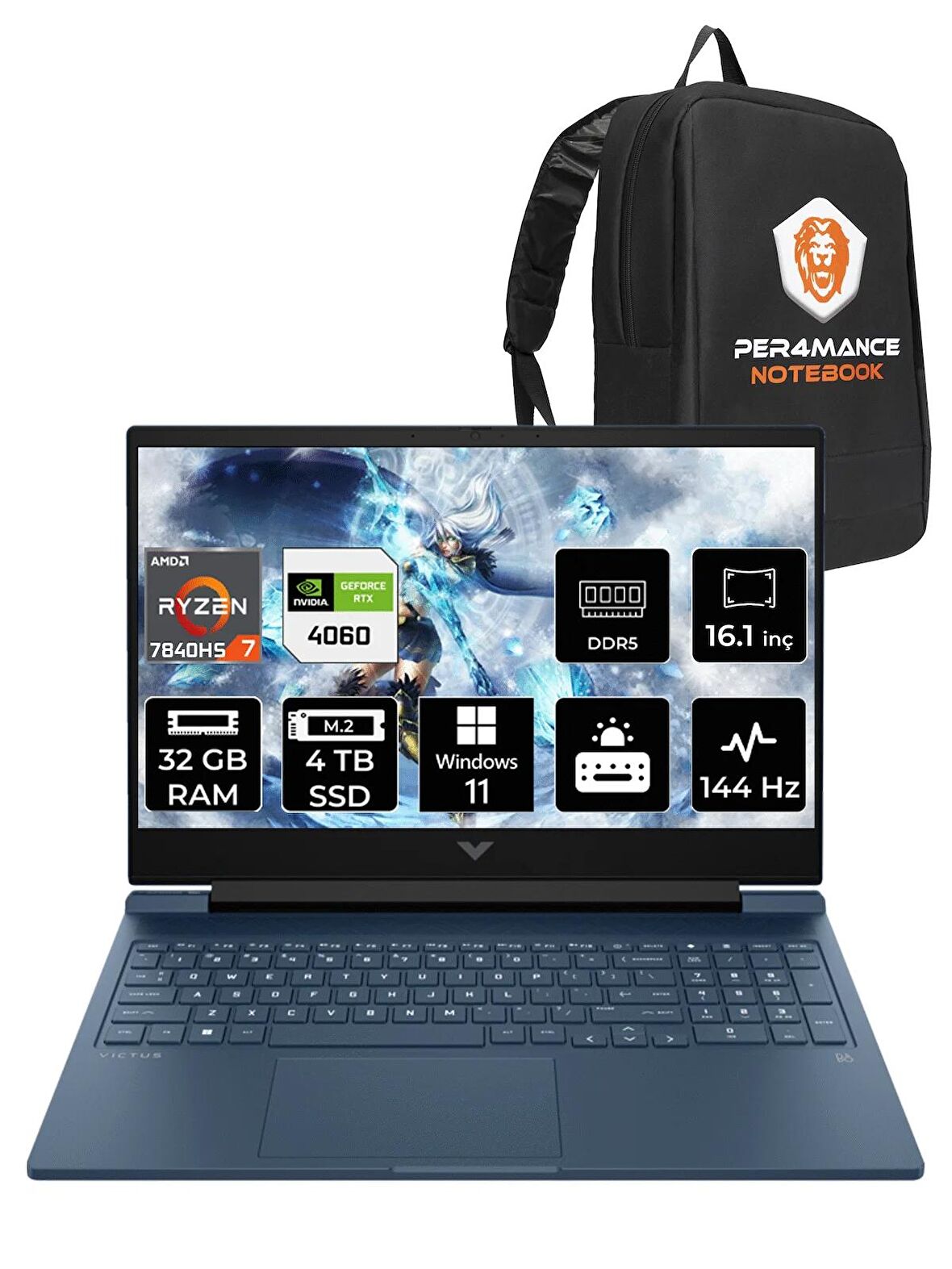 HP Victus 16 Ryzen 7 7840HS 32GB 4TB SSD RTX4060/8GB 144HZ 16.1" FHD W11H 7Z586EA & PER4 ÇANTA