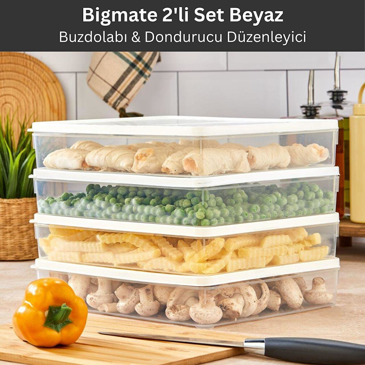 bigmate 2'li Şeffaf Saklama Kabı 2x2,5 Lt BGMT2225 Mikrodalga Buzdolabı ve Dondurucu Uyumlu Düzenleyici