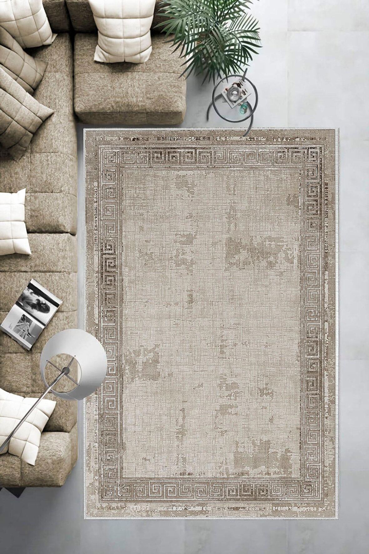 Bej-Vizon Deko Deri Kaymaz Taban Vintage Salon Saçaksız Halı B1196