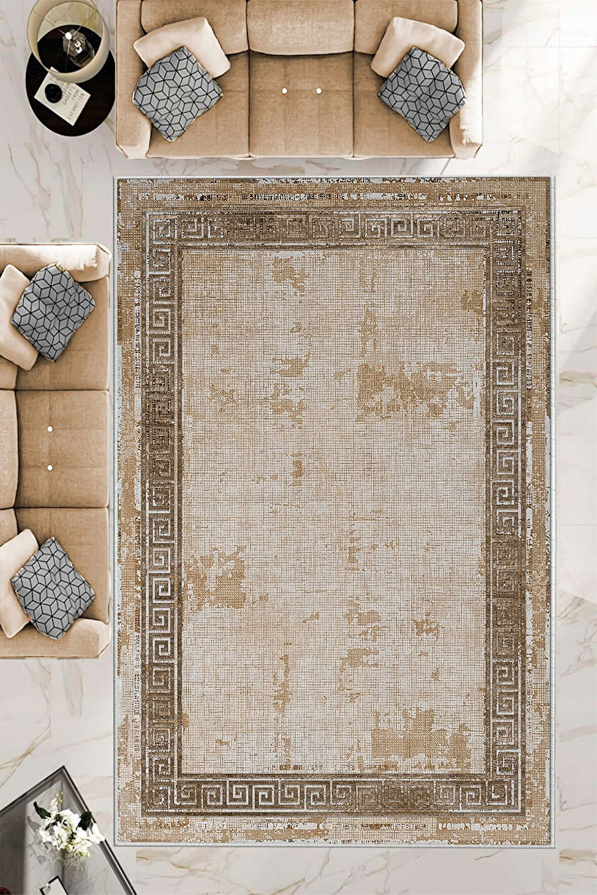 Kahverengi Dot Keçe Kaymaz Taban Vintage Versace Salon Saçaksız Halı B1197