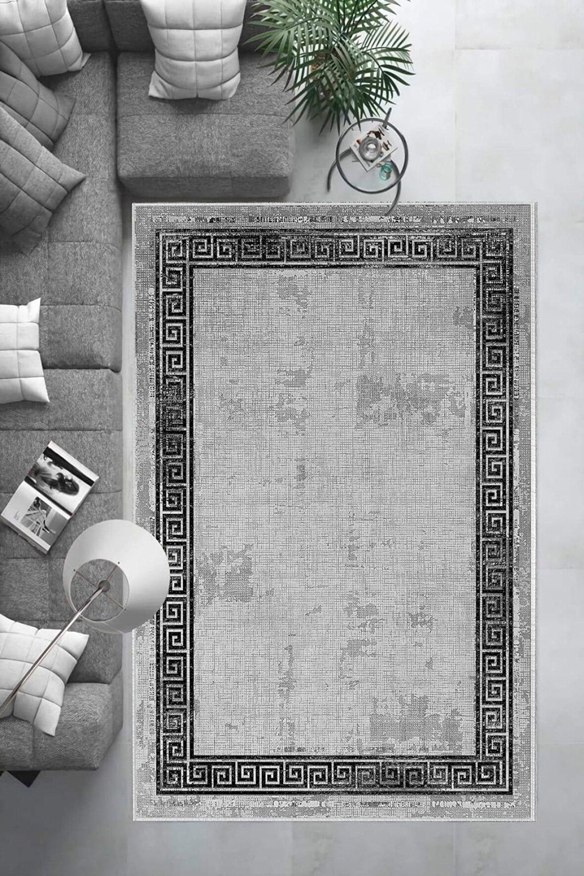 Gri Deko Deri Kaymaz Taban Vintage Versace Salon Saçaksız Halı B1198