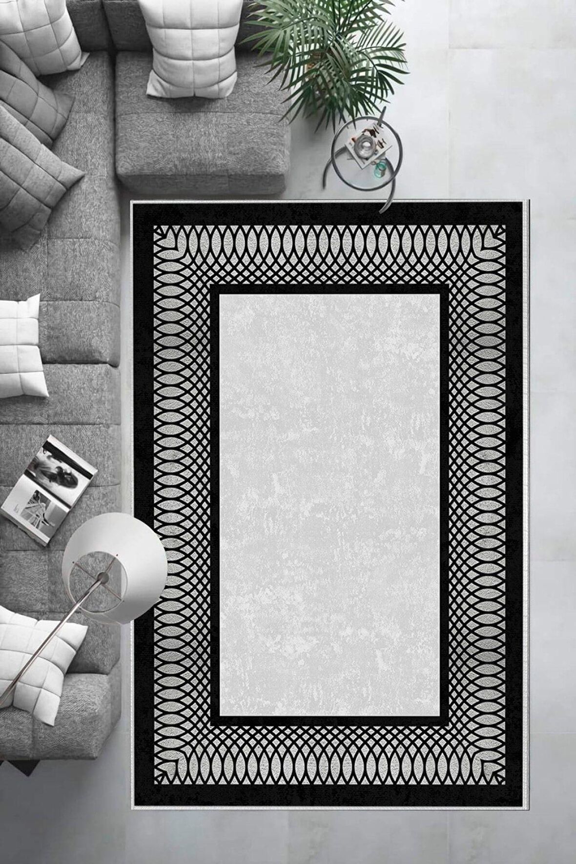 Gümüş-Siyah Deko Deri Kaymaz Taban Çerçeve Salon Saçaksız Halı B1229