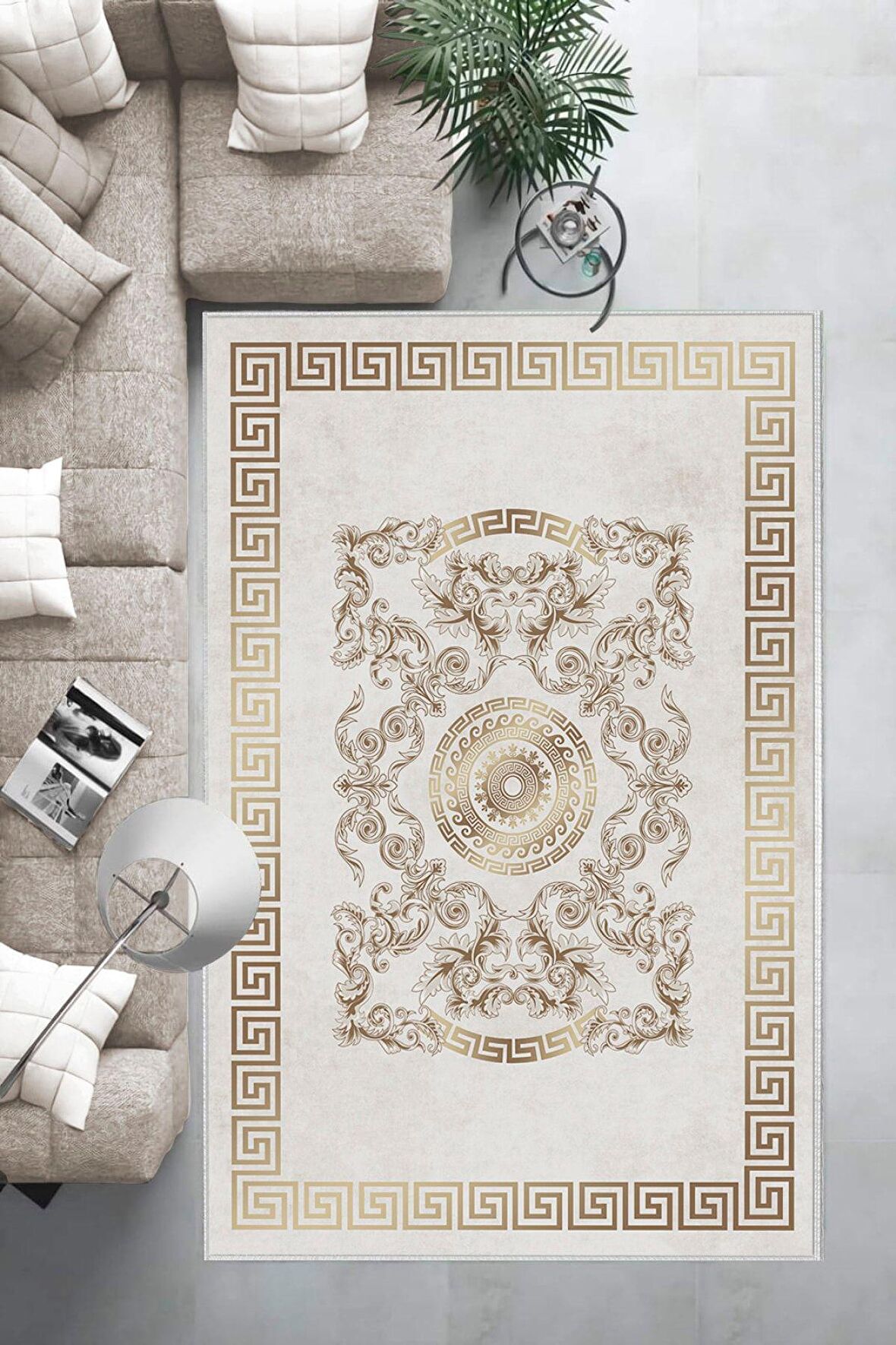 Krem-Gold Deko Deri Kaymaz Taban Göbekli Salon Saçaksız Halı B1236