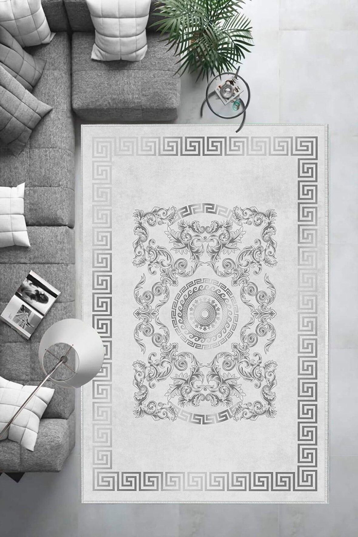 Gri Deko Deri Kaymaz Taban Göbekli Salon Saçaksız Halı B1237