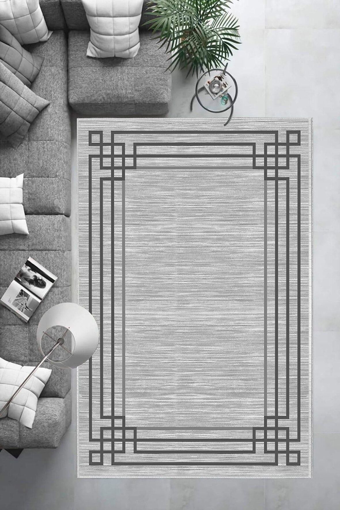 Gri Deko Deri Kaymaz Taban Çerçeve Salon Saçaksız Halı B1242