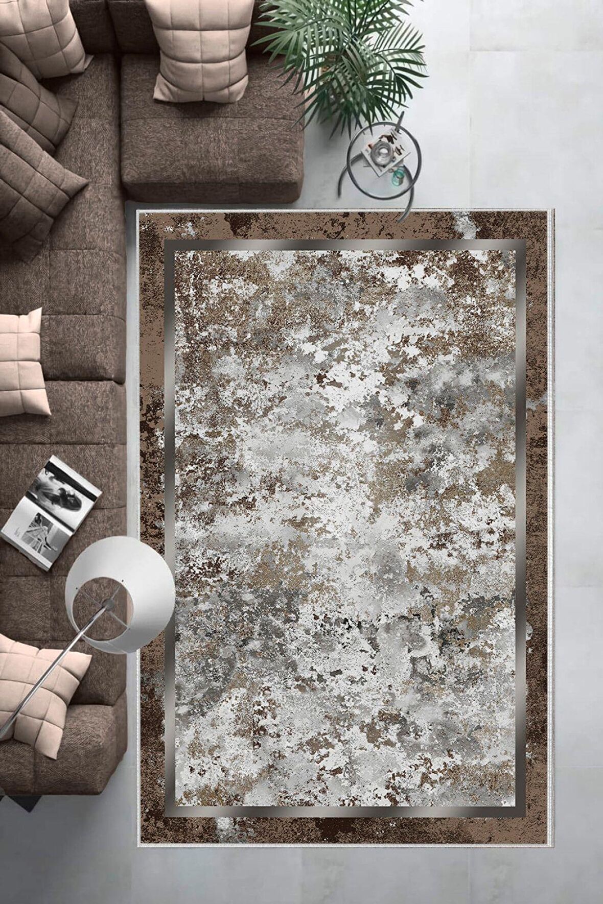 Kahverengi Deko Deri Kaymaz Taban Modern Salon Saçaksız Halı B1244