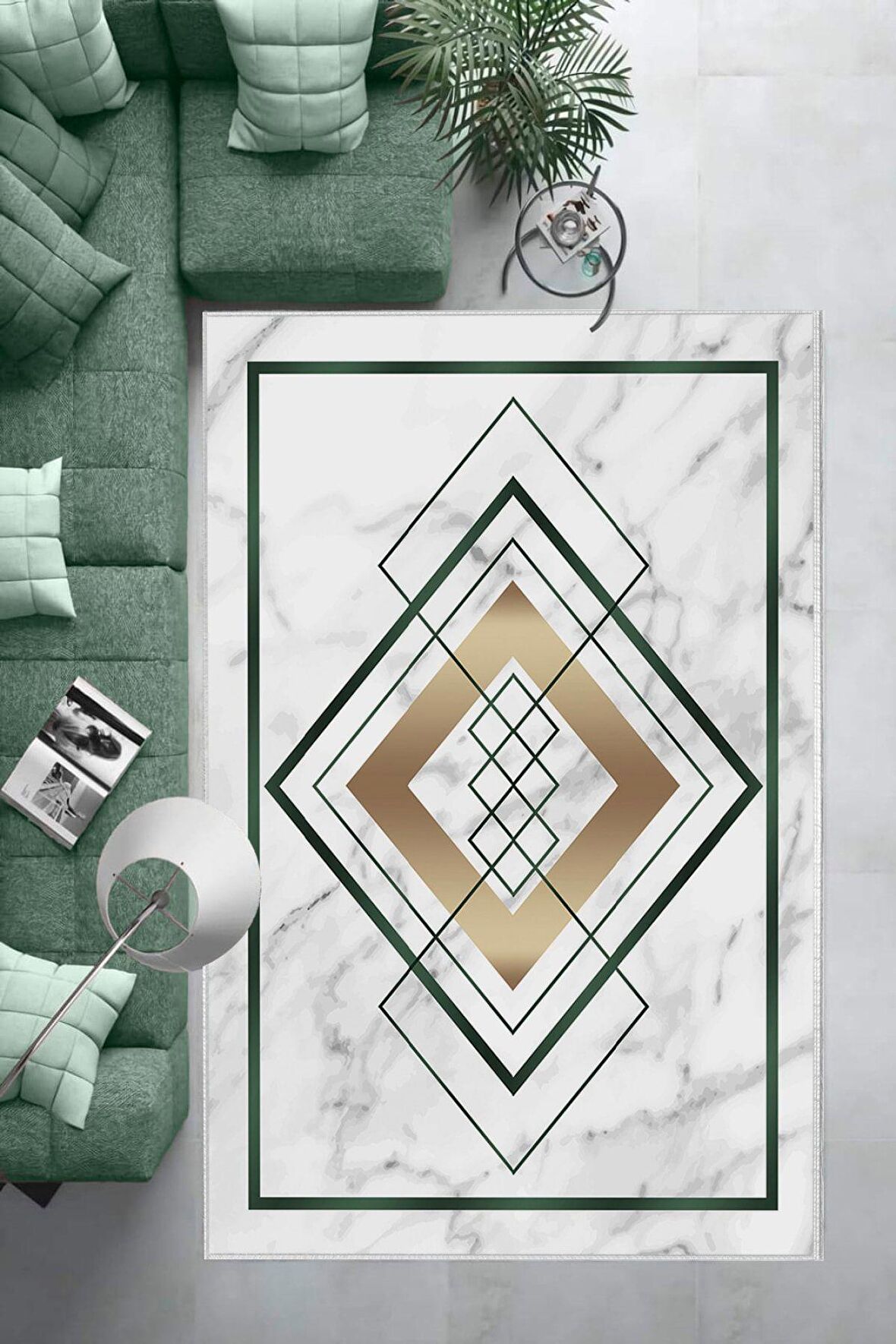 Yeşil Deko Deri Kaymaz Taban Modern Salon Saçaksız Halı B1264