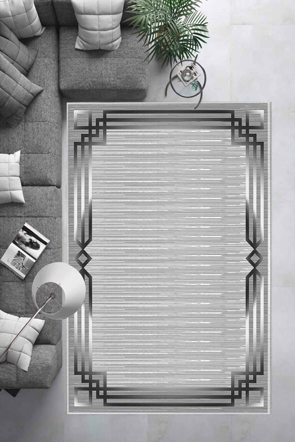 Gri Deko Deri Kaymaz Taban Çerçeveli Salon Saçaksız Halı B1267