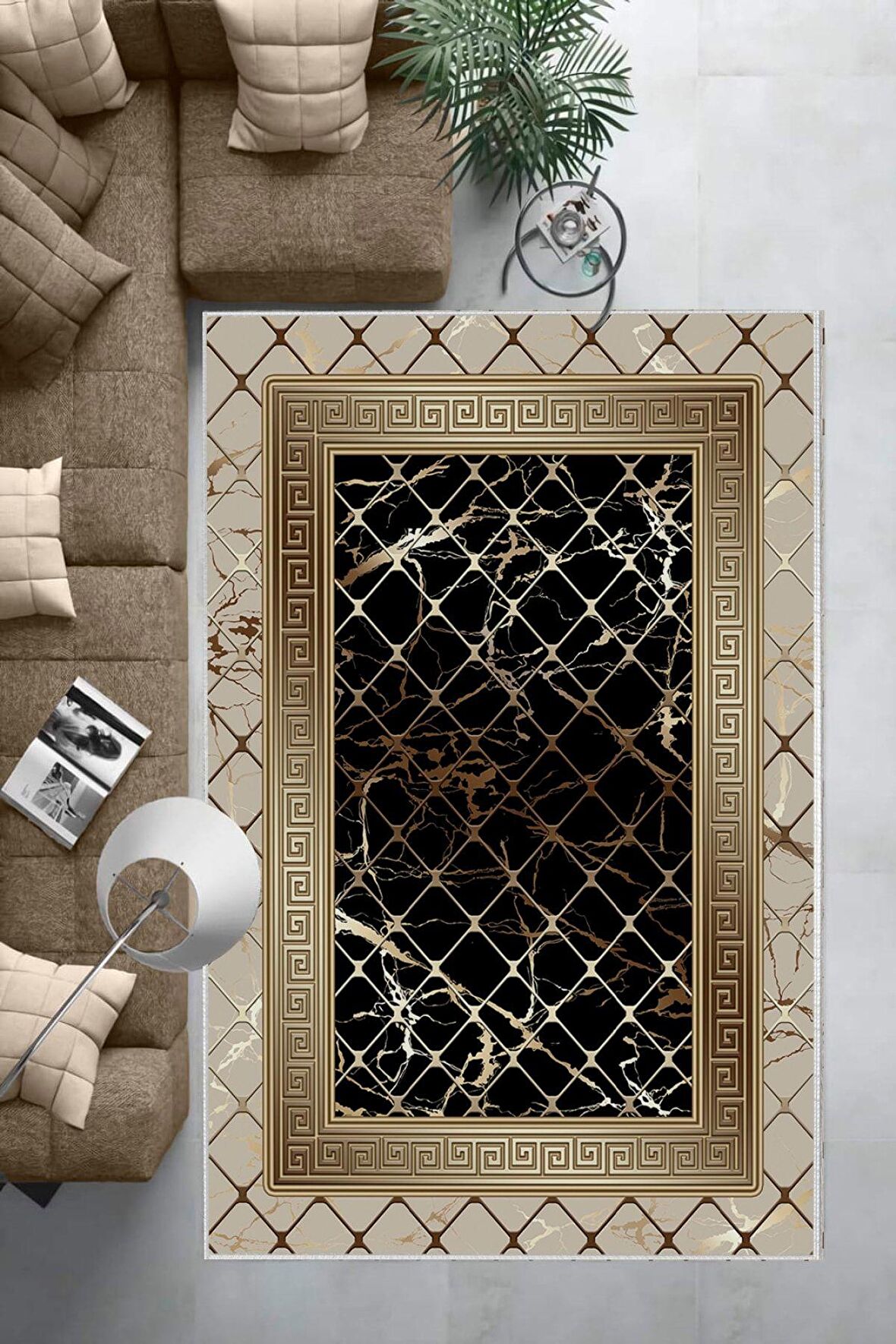 Vizon-Siyah Deko Deri Kaymaz Taban Versace Salon Saçaksız Halı B1277