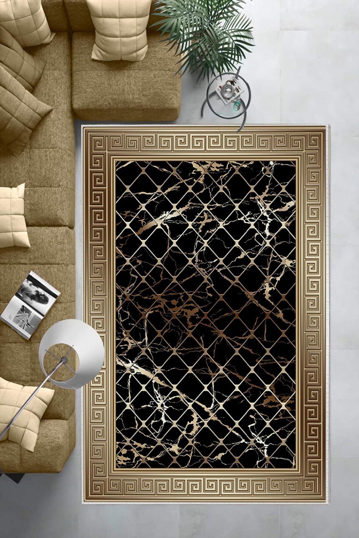 Vizon-Siyah Deko Deri Kaymaz Taban Versace Salon Saçaksız Halı B1277-1