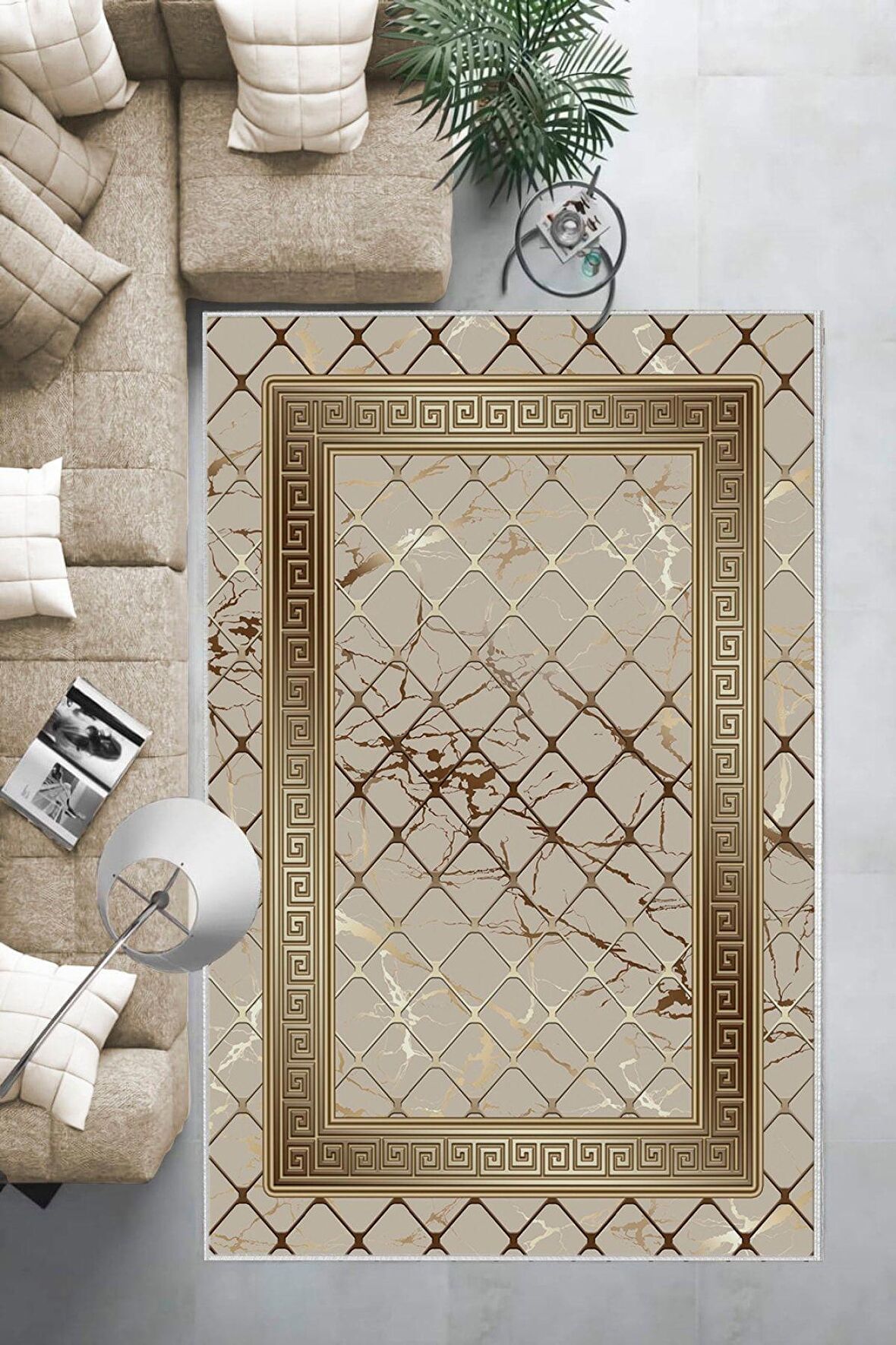 Vizon-Gold Deko Deri Kaymaz Taban Versace Salon Saçaksız Halı B1280