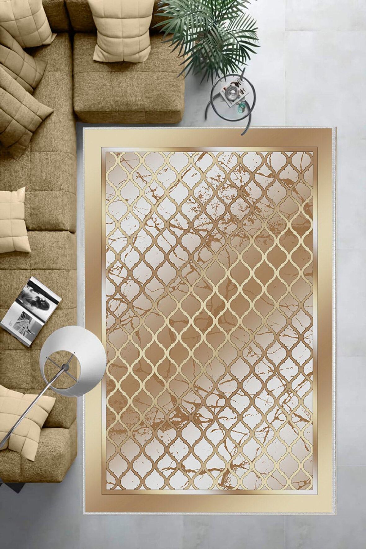 Gold Deko Deri Kaymaz Taban Modern Salon Saçaksız Halı B1283