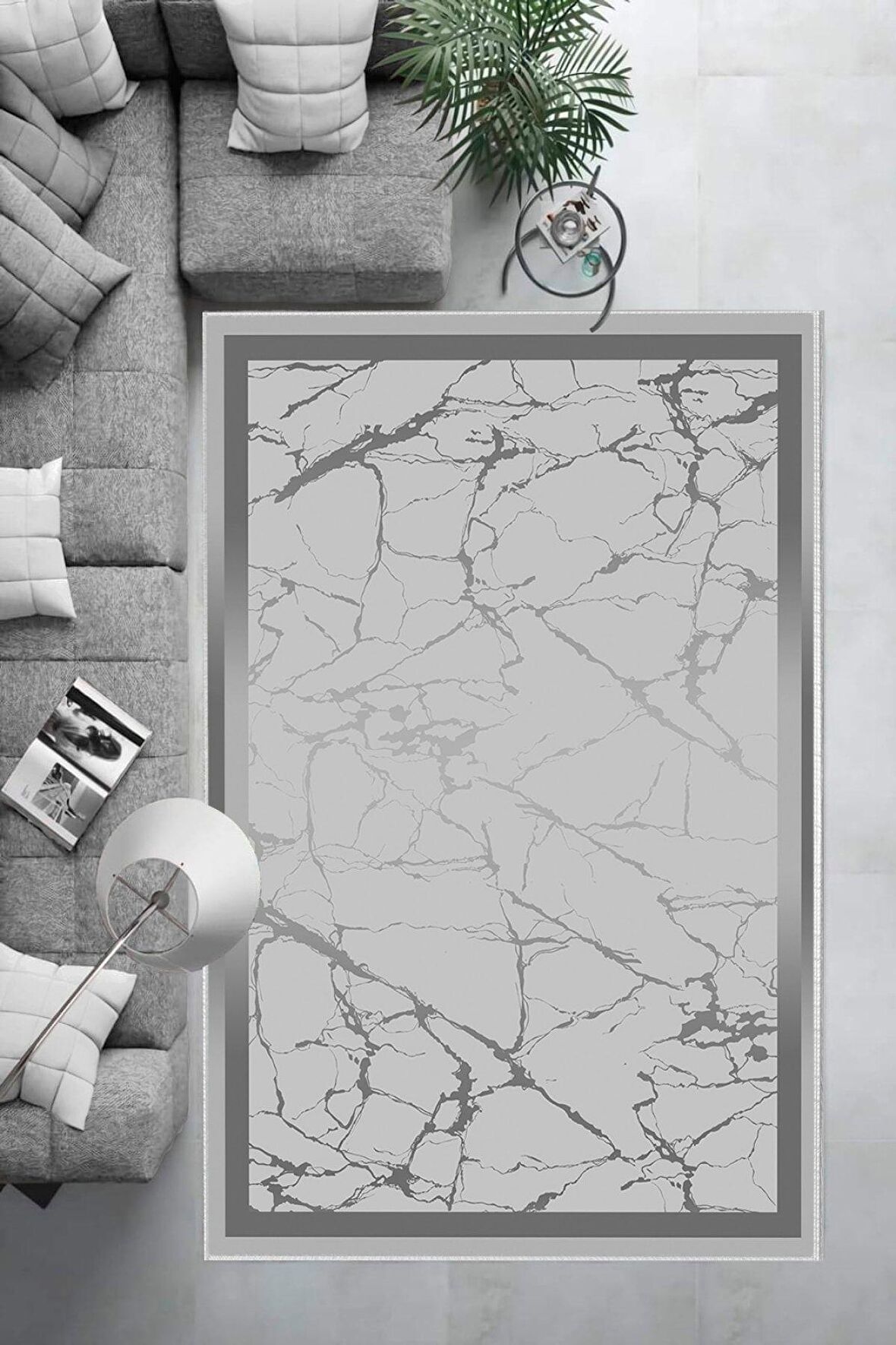 Gri Deko Deri Kaymaz Taban Çerçeve Salon Saçaksız Halı B1288