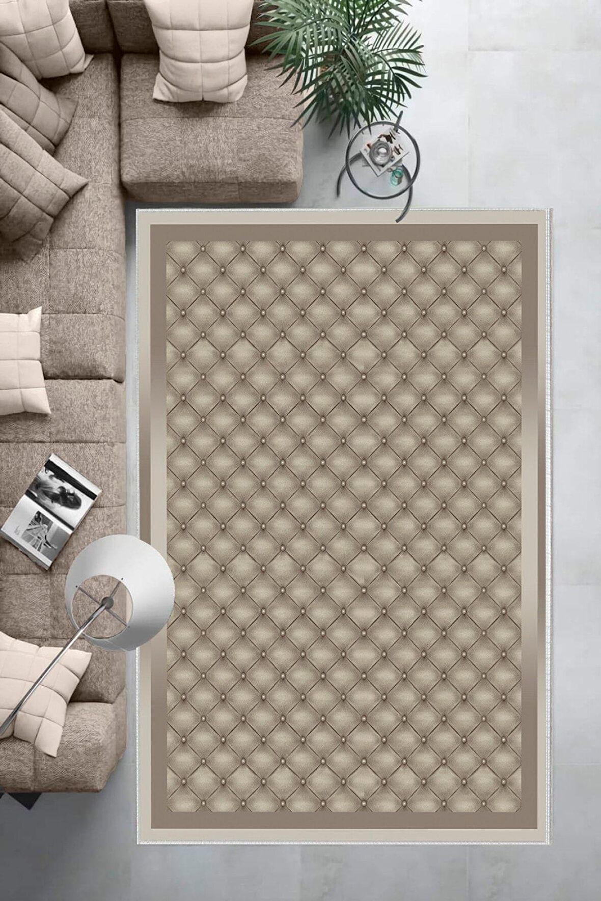 Bej-Vizon Deko Deri Kaymaz Taban Modern Salon Saçaksız Halı B1290