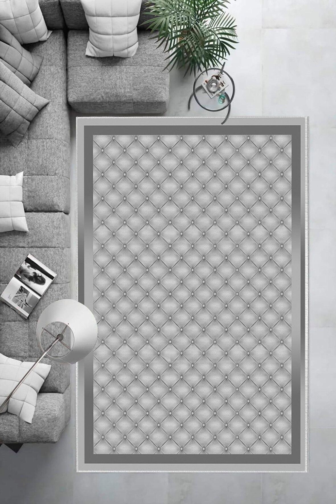 Gri Deko Deri Kaymaz Taban Modern Salon Saçaksız Halı B1291