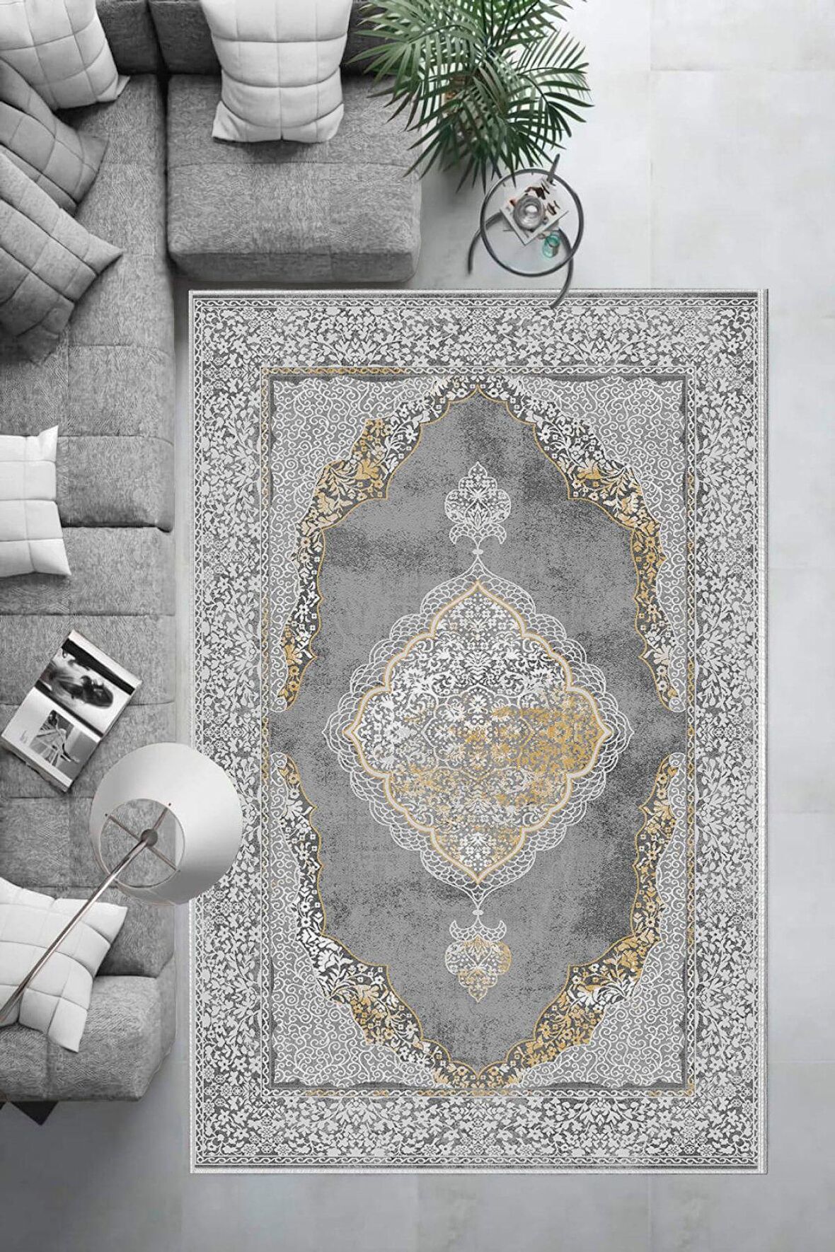 Gri Deko Deri Kaymaz Taban Göbekli Salon Saçaksız Halı E4141