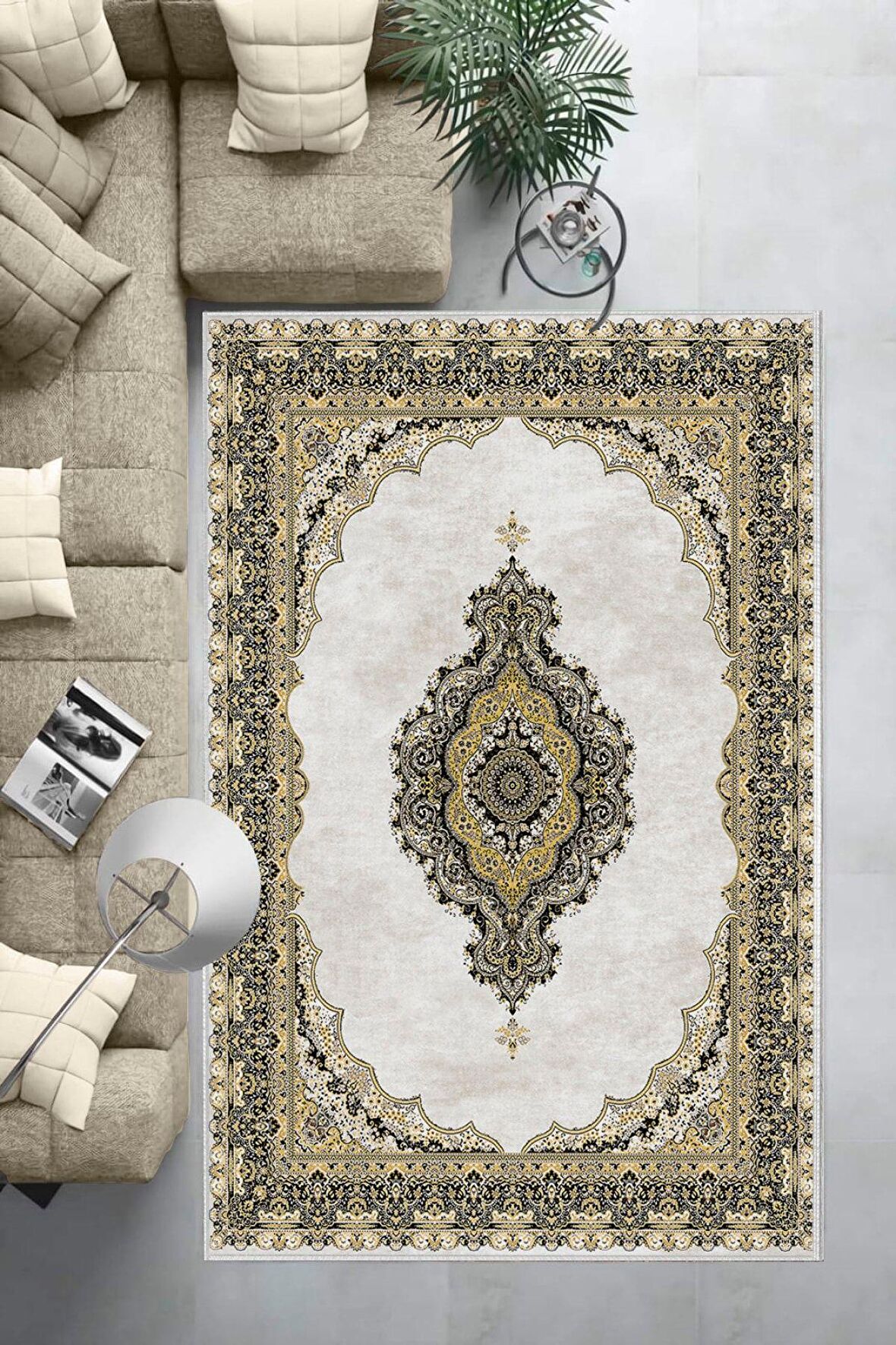 Sarı Deko Deri Kaymaz Taban Göbekli Salon Saçaksız Halı E4151