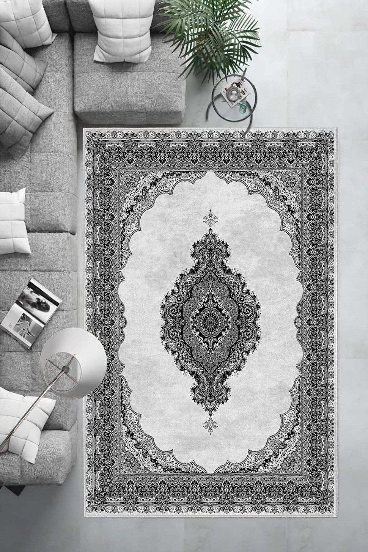 Siyah-Gri Deko Deri Kaymaz Taban Göbekli Salon Saçaksız Halı E4152