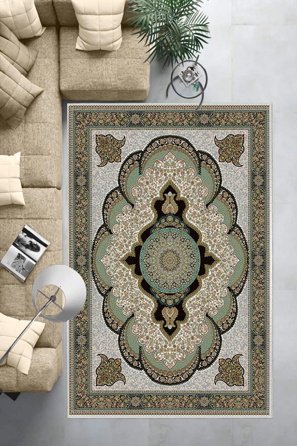 FıstıkYeşili Deko Deri Kaymaz Taban Göbekli Salon Saçaksız Halı E-4163