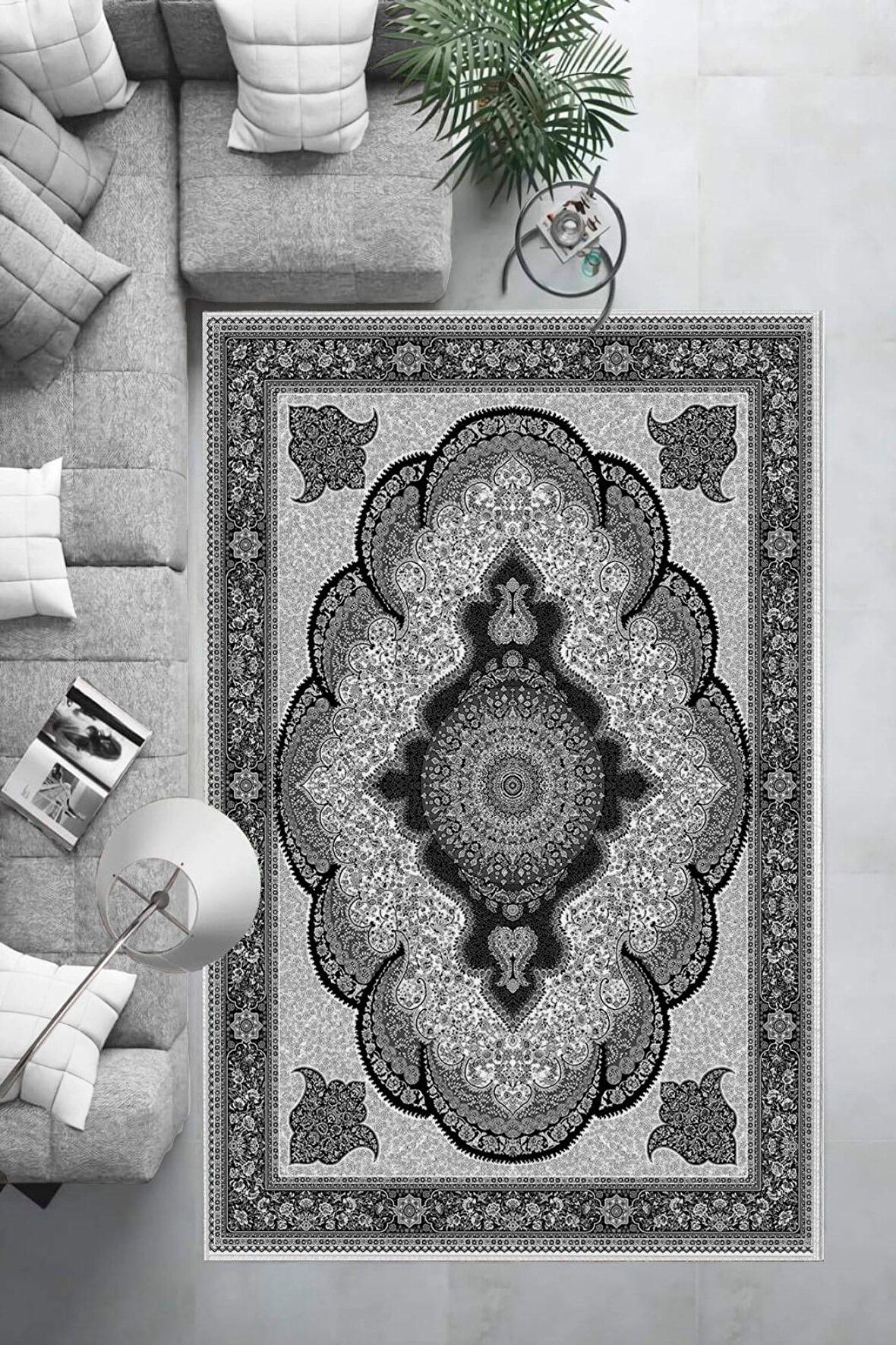 Siyah-Gri Deko Deri Kaymaz Taban Göbekli Salon Saçaksız Halı E4164