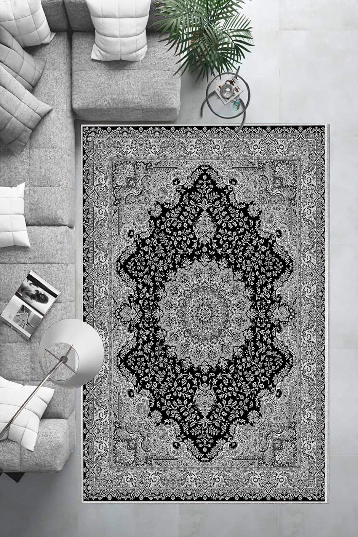 Gri-Siyah Deko Deri Kaymaz Taban Göbekli Salon Saçaksız Halı E4170
