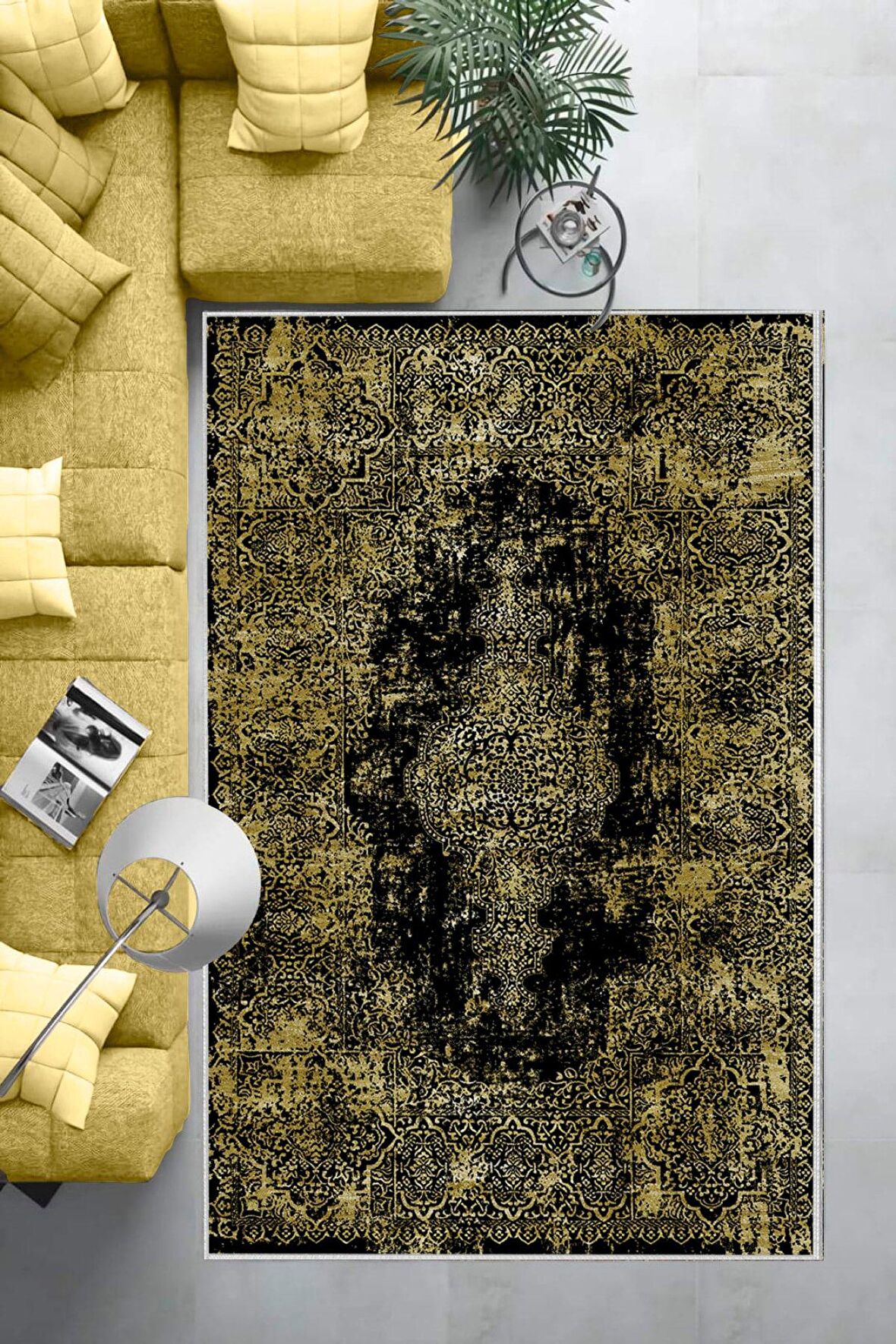 Gold Deko Deri Kaymaz Taban Vintage Göbekli Salon Saçaksız Halı E4173