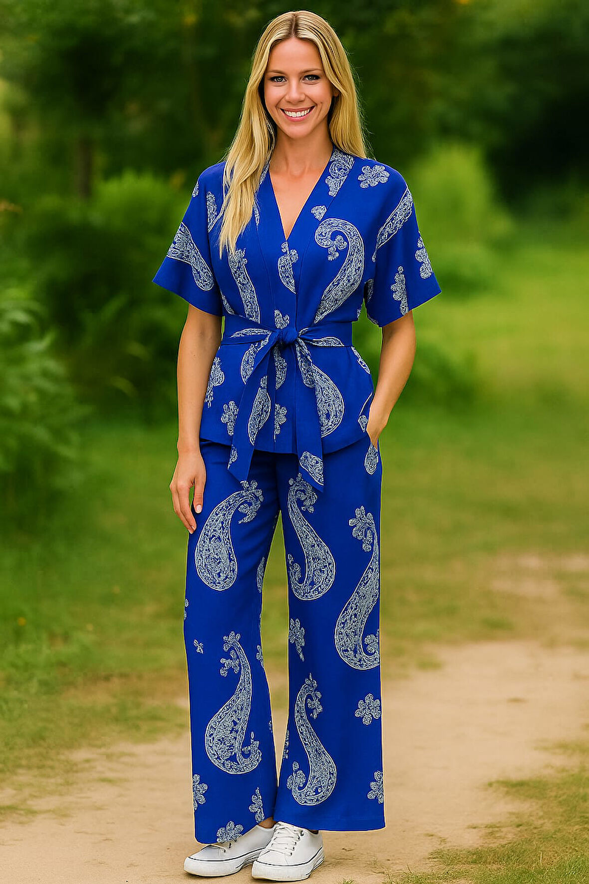 Kadın Keten Kimono Takım - Desenli