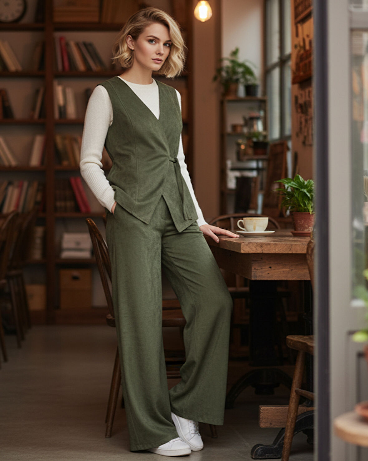 Nubuk Kadın 2'li Yelekli Takım - Bağlamalı - Haki