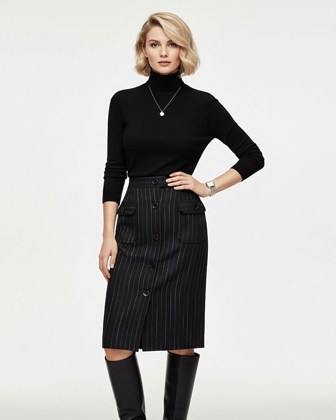 Kadın Kaşe Düğmeli Midi Etek - Desenli