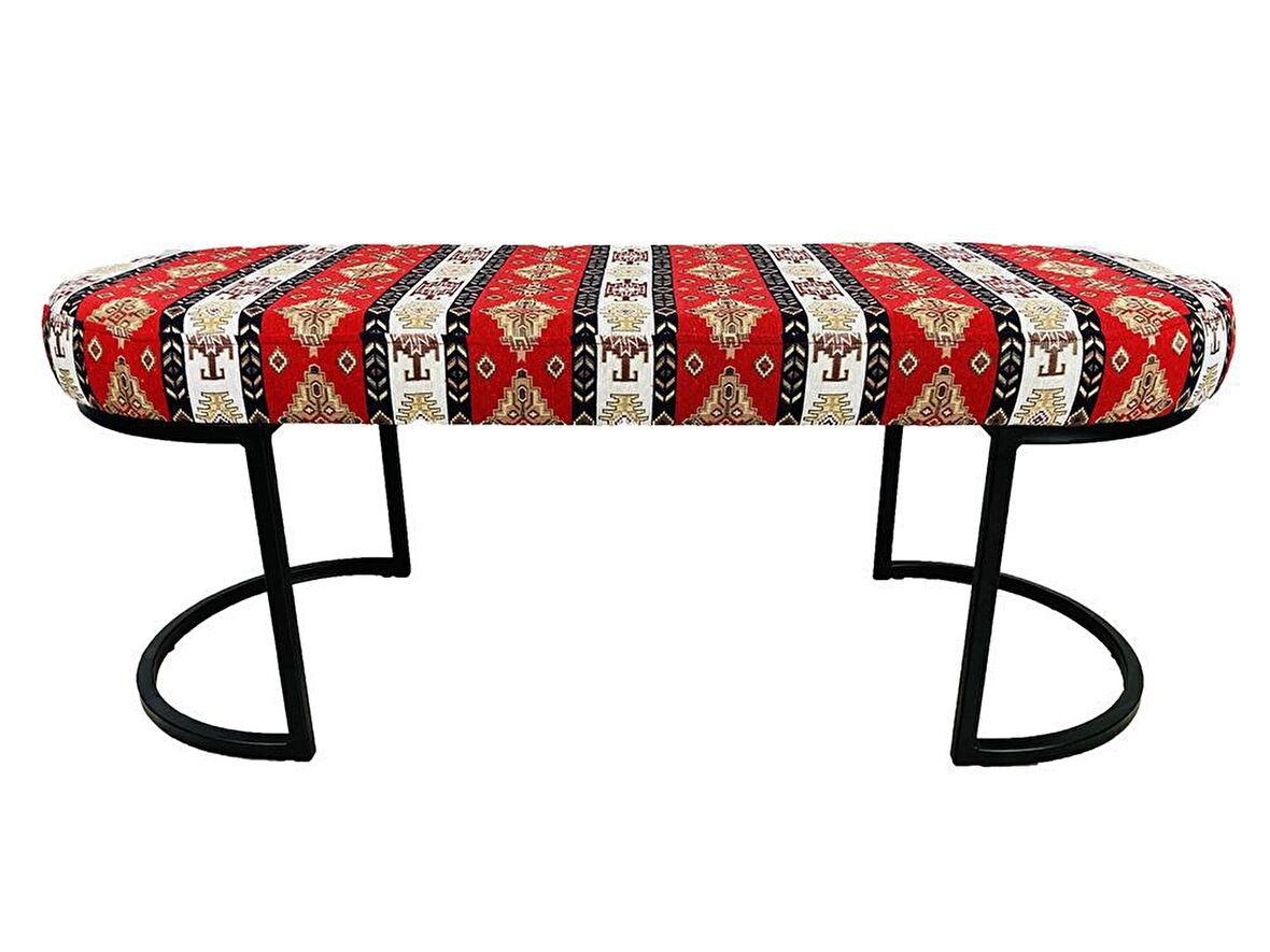 Orkide Sırtsız Bank Puf Bench Oval Metal Ayaklı Kilim Desenli