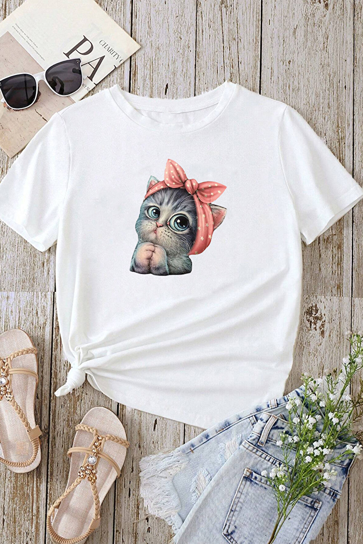 Uyguntarz Unisex Sevimli Kedi Tasarım T-shirt