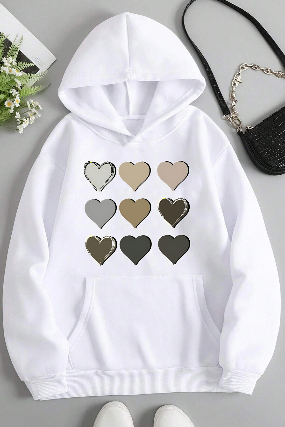 Uyguntarz Unisex Oversize Kalp Baskılı Sweatshirt