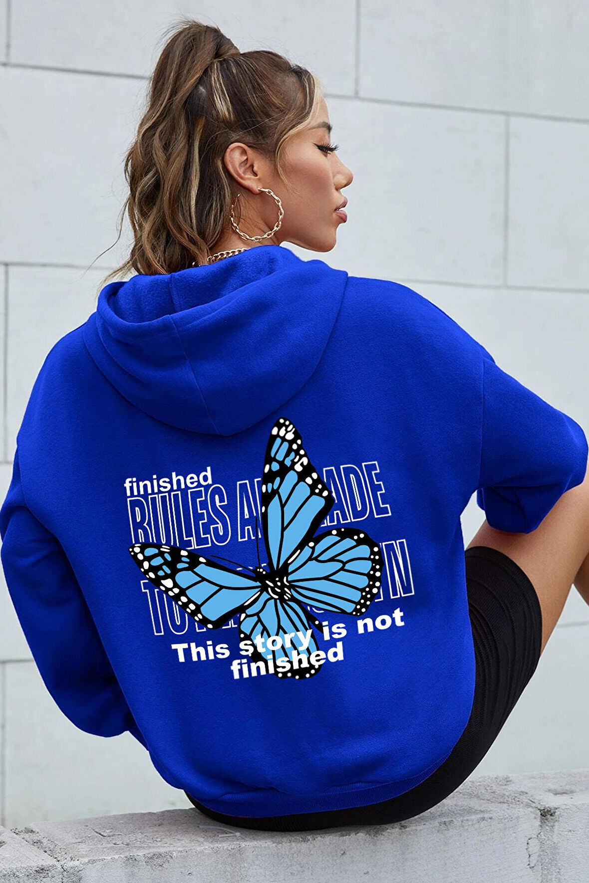 Uyguntarz Unisex Blues Butterfly Baskılı Oversize Sweatshirt