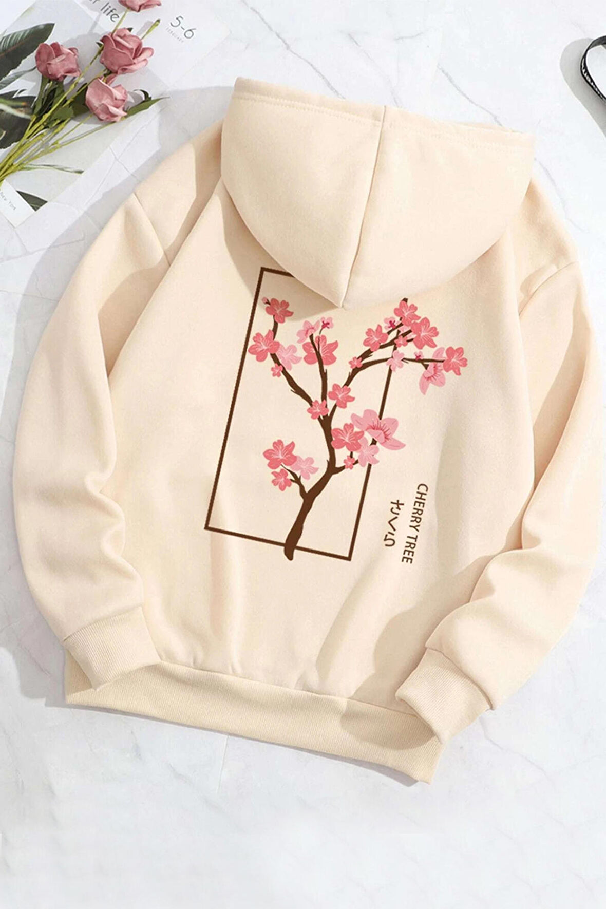 Unisex Cherry Tree Baskılı Oversize Sweatshirt