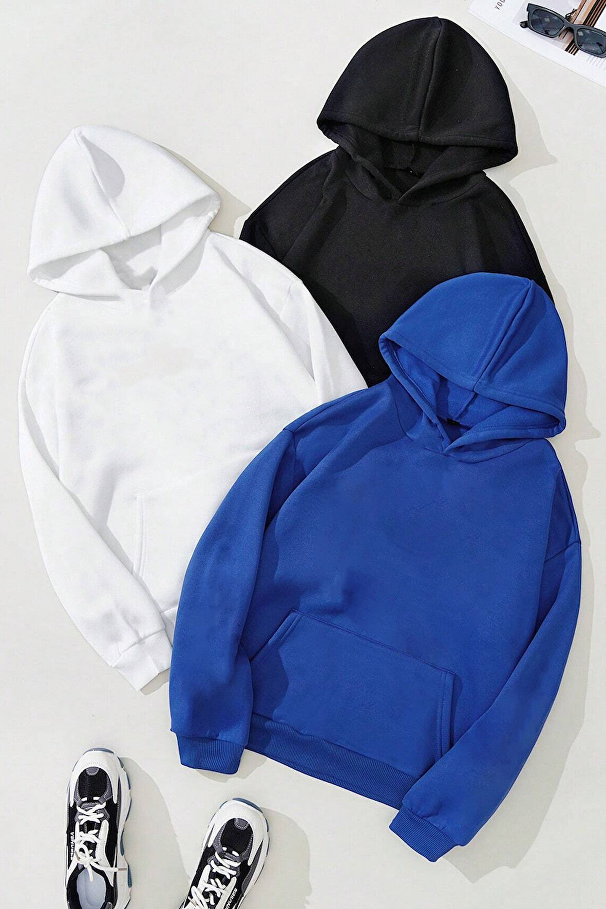 Unisex Düz 3' Lü Baskısız Kapüşonlu Oversize Sweatshirt