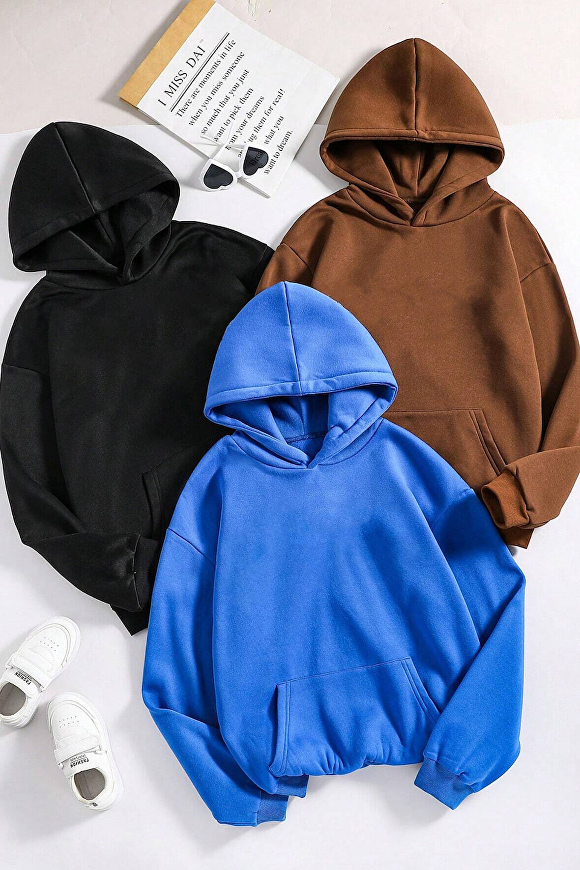 Unisex Düz 3' Lü Baskısız Kapüşonlu Oversize Sweatshirt