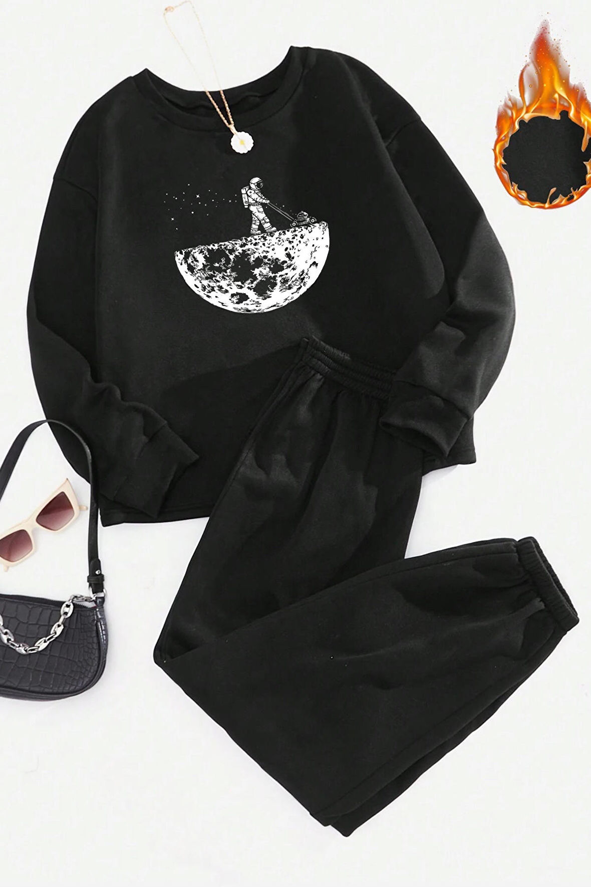 Uyguntarz Unisex Uzay Temalı Baskılı Bisiklet Yaka Eşofman Takımı