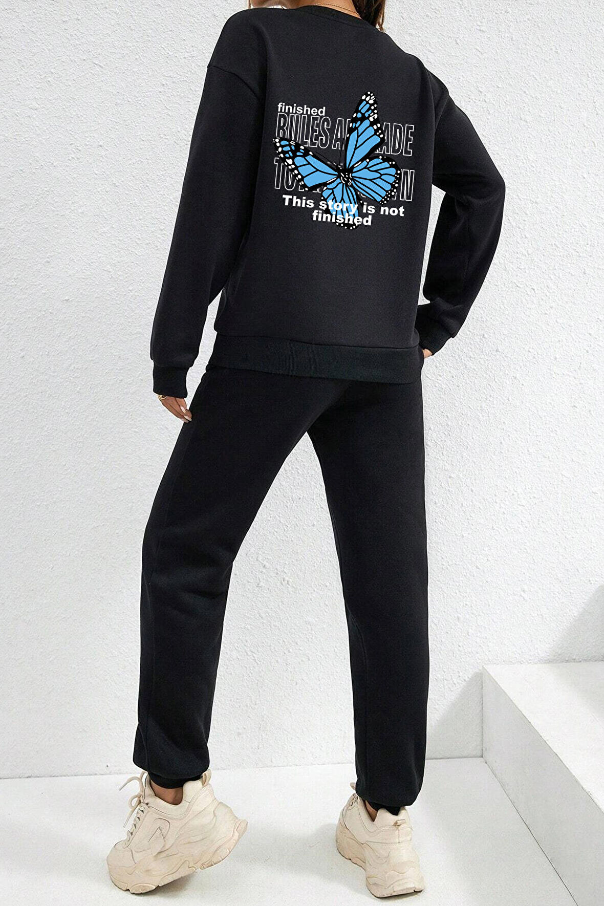 Uyguntarz Unisex Blues Butterfly Baskılı Bisiklet Yaka Eşofman Takımı