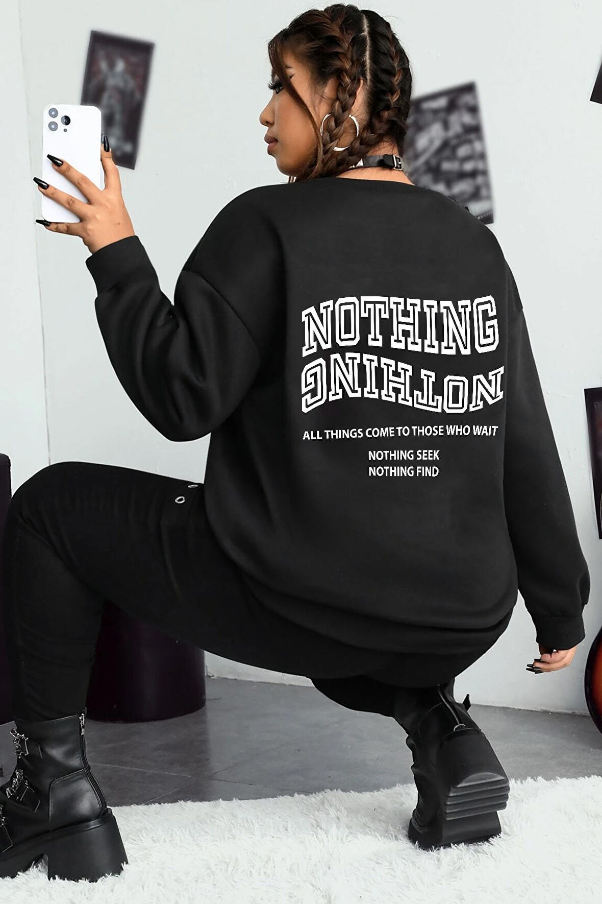 Uyguntarz Unisex Nothing Baskılı Bisiklet Yaka Sweatshirt