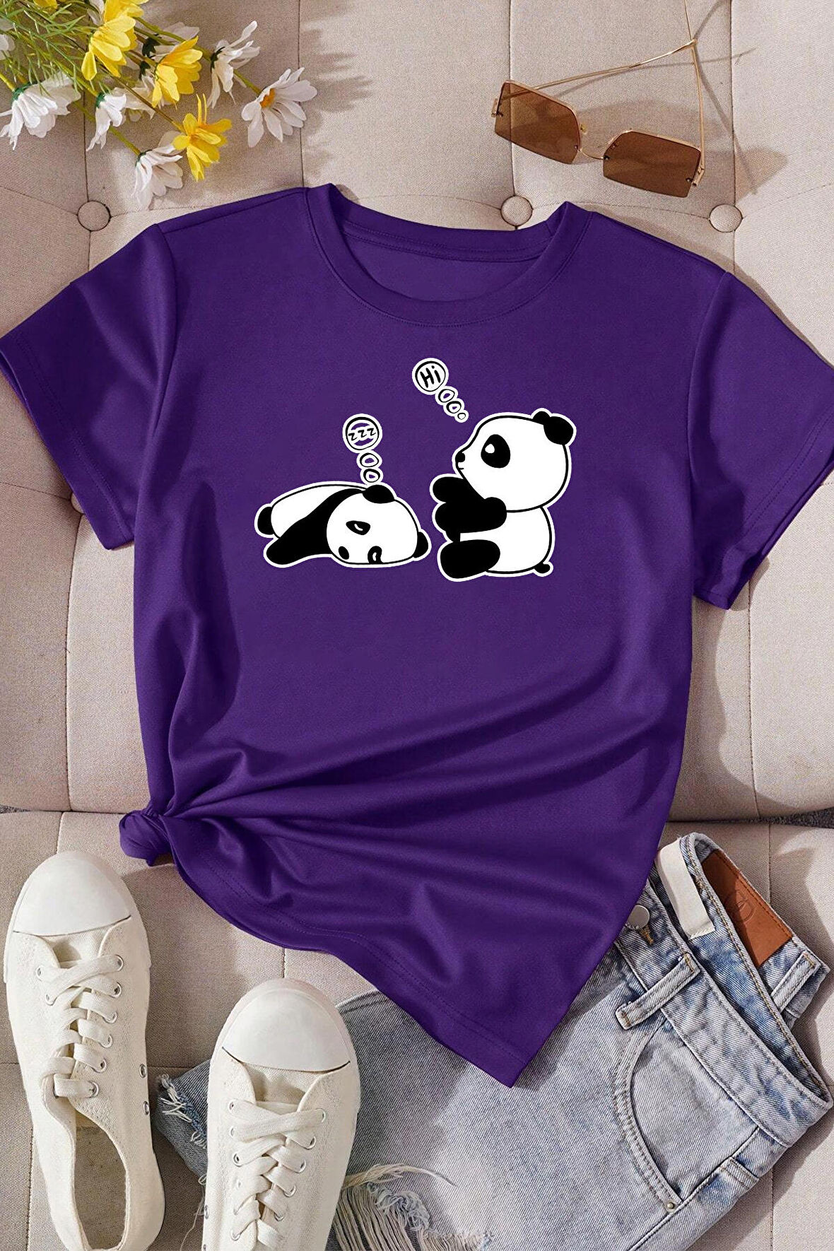 Unisex Uykucu Panda Baskılı Tasarım Tshirt